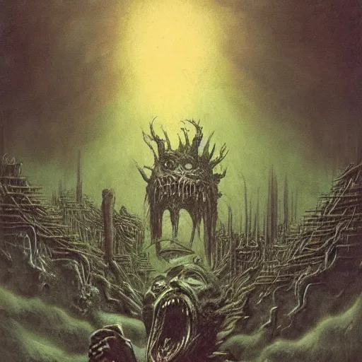 Prompt: a subconscious horror attacking a village, in the style of beksinski and giger