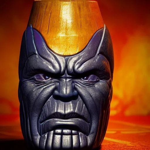 Image similar to a closeup photorealistic photograph of a glossy thanos style tiki mug sitting at a trader vic's bar featuring the face of thanos. tiki party. bright scene. fine detail. this 4 k hd image is trending on artstation, featured on behance, well - rendered, extra crisp, features intricate detail, epic composition and the style of unreal engine.