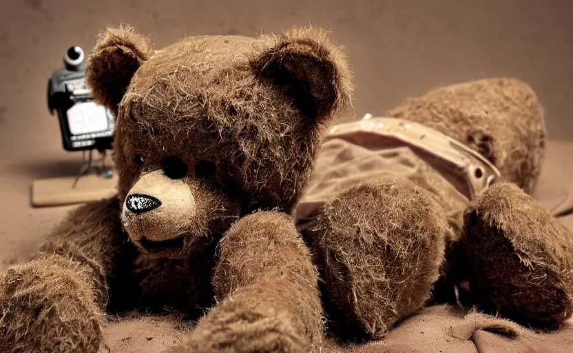 Prompt: laying teddy bear, dirty fur, robotic, sad eyes, hole in fabric, wires coming out, circuit, electricity, mud, outdoor, dirt, realistic photography