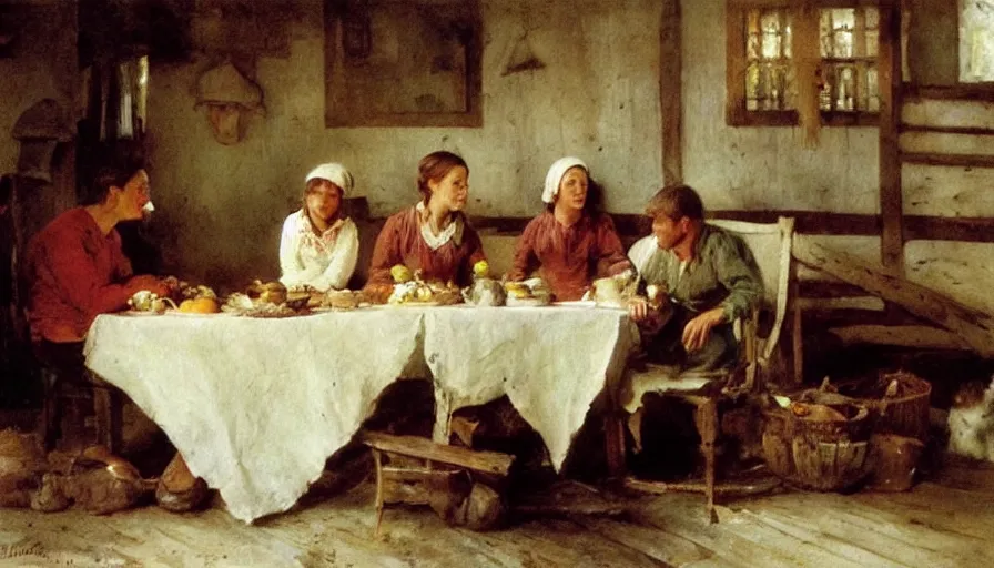 Image similar to simple villager family about to eat a meal together in their beautiful simple cottage home, art by anders zorn, wonderful masterpiece by greg rutkowski, beautiful cinematic light, american romanticism thomas lawrence, greg rutkowski