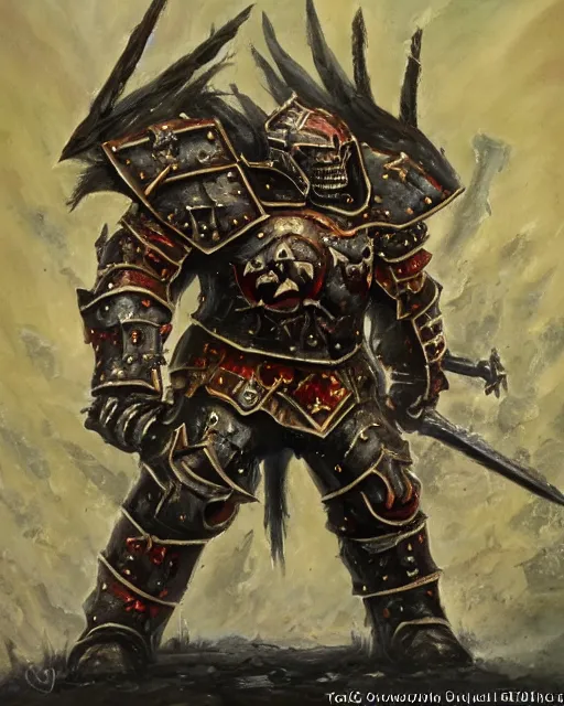 Image similar to an oil painting of heavily armoured warhammer chaos warrior