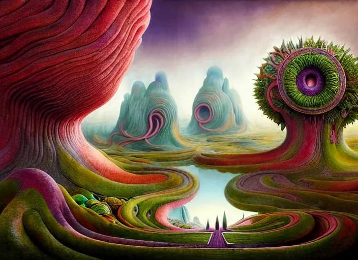 Image similar to a beguiling epic stunning beautiful and insanely detailed matte painting of the impossible winding path through imaginary worlds with surreal architecture designed by Giuseppe Arcimboldo, mega structures inspired by Heironymous Bosch's Garden of Earthly Delights, vast surreal landscape and horizon by Asher Durand and Cyril Rolando and Natalie Shau and Ernst Fuchs, colorful otherworldly trees, masterpiece!!!, grand!, imaginative!!!, whimsical!!, otherworldly, epic scale, intricate details, sense of awe, elite, wonder, insanely complex, masterful composition!!!, sharp focus, fantasy realism, dramatic lighting