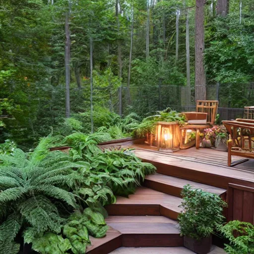 Prompt: backyard deck in misty lush landscape with multi levels and rich wood, gas lanterns, fern and golden retrievers