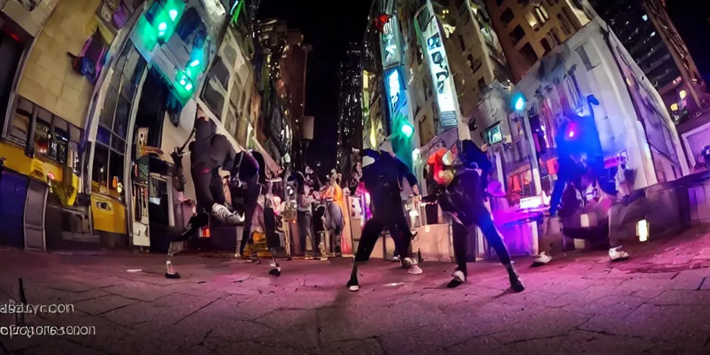 Image similar to two robots break dancing downtown at night, with a crowd watching, wide angle, go pro, photoreal