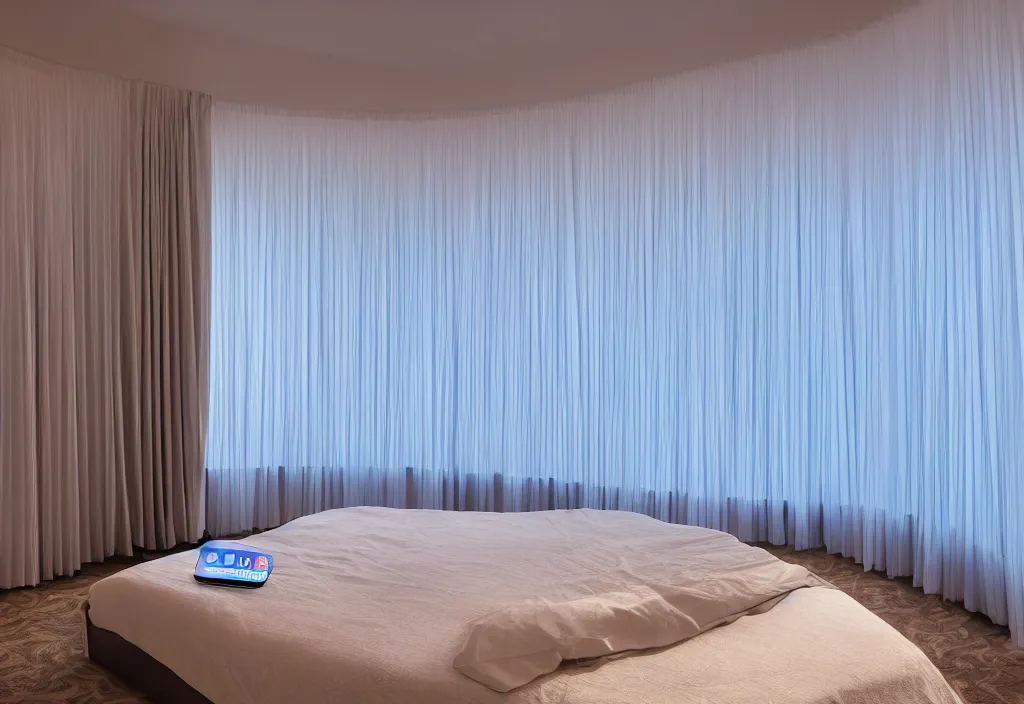 Prompt: curved translucent drapes projecting detailed weathermap, pixel perfect photograph, high contrast, volumetric lighting, thin glowing lights, bedroom, visor, users, pair of keycards on table