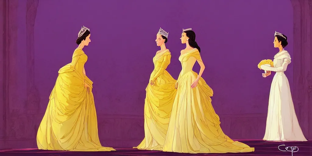 Image similar to portrait of princess sophia is dressed in purple, and the other girl is dressed in yellow. they are all beautiful, elegant and detailed. there are beautiful vases beside them, by greg rutkowski, by greg tocchini, by james gilleard, by joe gb fenton, by in kaethe butche