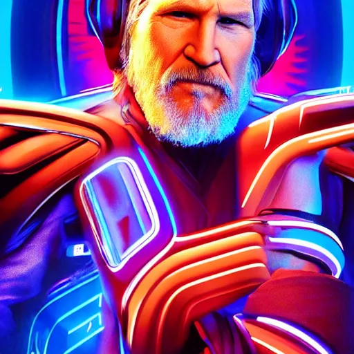 Image similar to jeff bridges as the dude lebowski in tron realm, photorealistic movie still, detailed 8 k, poster style, high resolution