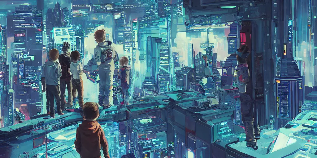 Image similar to kids looking into space hopeful of a better future, cyberpunk, digital art, fine detail