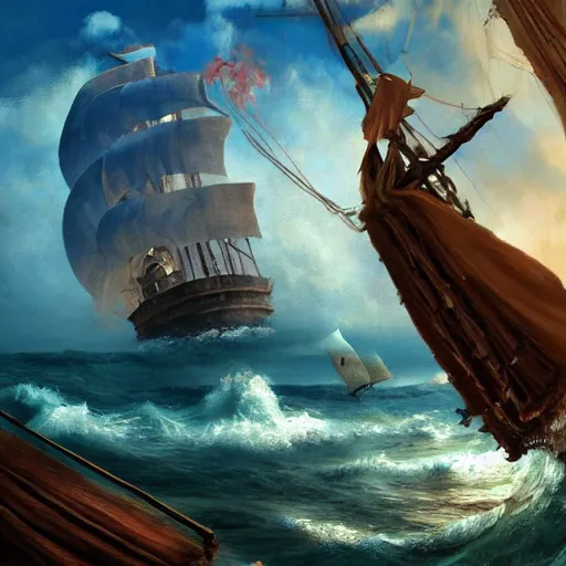 Image similar to a young pirate captain looking for lost islands on his ship, artstation hall of fame gallery, editors choice, #1 digital painting of all time, most beautiful image ever created, emotionally evocative, greatest art ever made, lifetime achievement magnum opus masterpiece, the most amazing breathtaking image with the deepest message ever painted, a thing of beauty beyond imagination or words