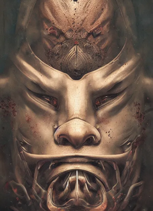 Image similar to dark samurai portrait, symmetrical face, hannya oni mask, after a battle, dirt and unclean, extreme detail, cinematic, dramatic lighting render, by tom bagshaw, masterpiece