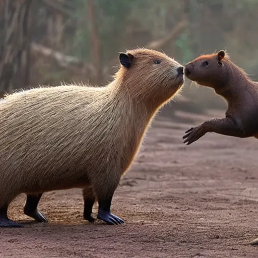 Prompt: a capybara fighting the predator from alien movie