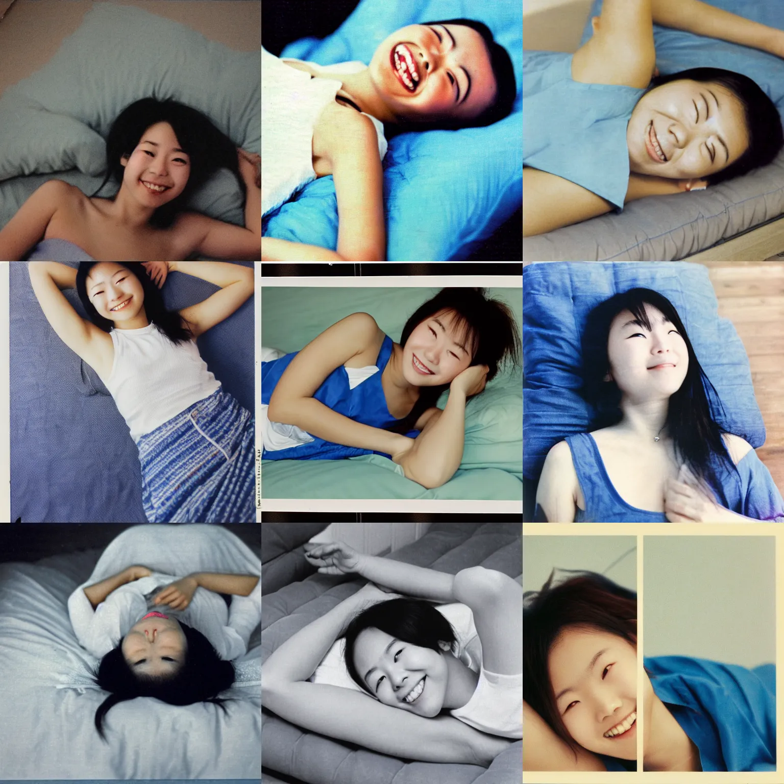 Prompt: A middle-shot from front, blue color photograph portrait of a smiling young Japanese woman in sleeveless white shirt lying on her back on the futon at night, cool twilight, 1990 photo from Japanese photograph Magazine.