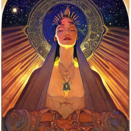 Image similar to queen of the moon with stars in her hair, by nicholas roerich and annie swynnerton and donato giancola and dulac, dramatic lighting, god rays, geometric tattoos, rich colors, smooth sharp focus, extremely detailed, leo and diane dillon, adolf wolfli