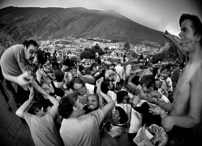 Image similar to old photo of greeks wich drink wine and have fun against the backdrop of mount vesuvius starting to erupt, photo by sebastian salgado, fisheye 4, 5 mm, diffused backlight