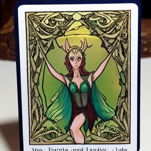 Prompt: a beautiful forest elf in the style of a tarot card with beautiful gilded edges on card