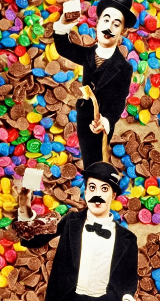 Prompt: movie still of a colourful charlie chaplin eating chocolate in front of a chocolate waterfall by roald dahl