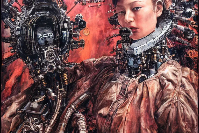 Prompt: 8K UHD, detailed portrait, high dynamic range, by katsuhiro otomo: (background= varnished oil paint on black background with pastel paint splashes in background)+ (subject = queen baroque expressionist cyborg machine goddess + subject detail= very detailed )