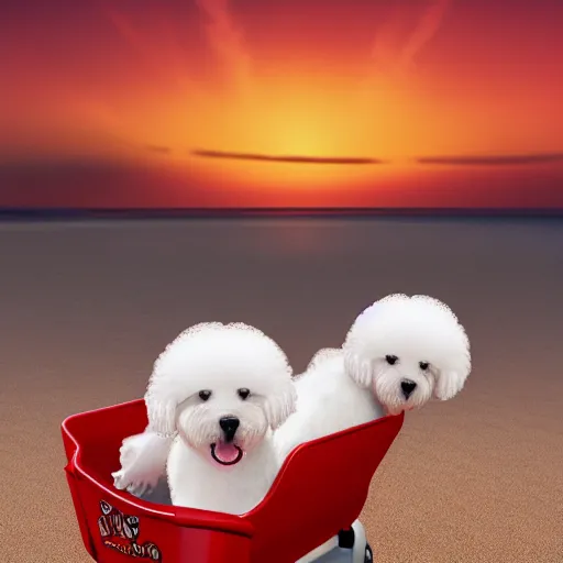 Prompt: a photorealistic photograph of a smiling white Bichon Frisé puppy riding in red wagon overflowing with french fries during sunset at the beach Trending on Artstation, featured on Behance, well-rendered, Unreal Engine, 4K HD