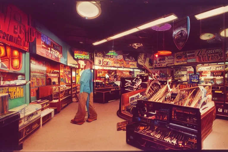 Prompt: a dinosaur shopping, inside of a 1970s music store store, neon lights, dirty, ektachrome photograph, volumetric lighting, f8 aperture, cinematic Eastman 5384 film