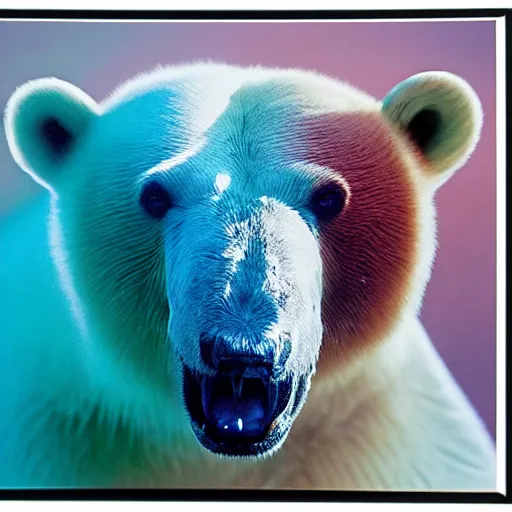 Image similar to multicolor photo of polar bear sits in the sahara desert by steve mccurry created at modern world in 4 k ultra high resolution and with medium shot, with funny feeling