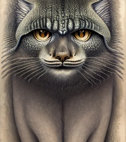 Image similar to detailed realistic beautiful manul portrait by jean delville, gustave dore, iris van herpen and marco mazzoni, art forms of nature by ernst haeckel, art nouveau, symbolist, visionary, gothic, neo - gothic, pre - raphaelite, fractal lace, intricate alien botanicals, ai biodiversity, surreality, hyperdetailed ultrasharp octane render