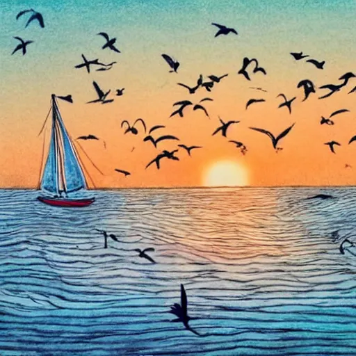 Prompt: A hand-drawn sailboat circled by birds on the sea at sunrise