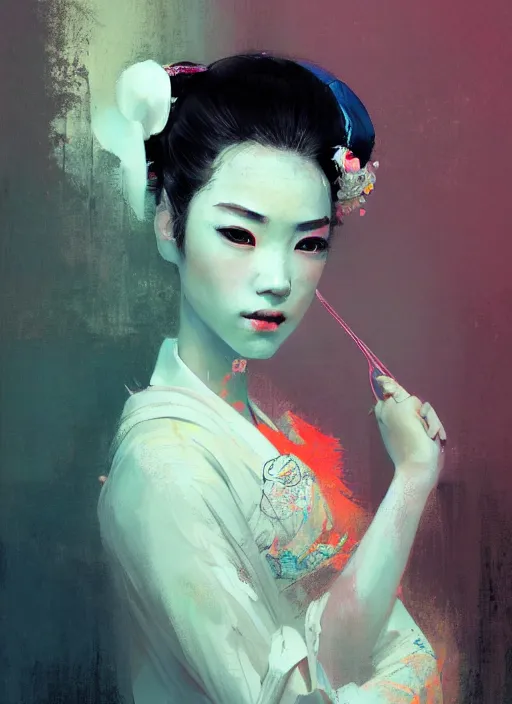 Image similar to female geisha girl, beautiful face, neon, rule of thirds, intricate outfit, spotlight, by greg rutkowski, by jeremy mann, digital painting