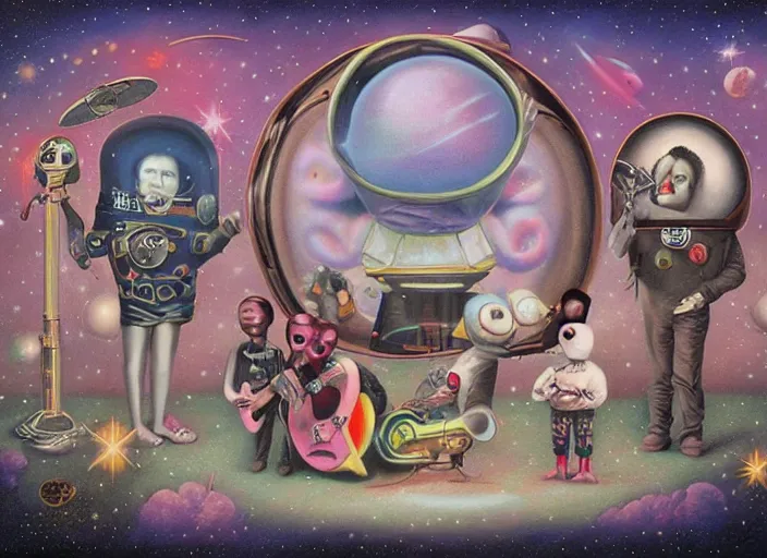 Prompt: the space band, lowbrow, matte painting, 3 - d highly detailed, in the style of mark ryden,