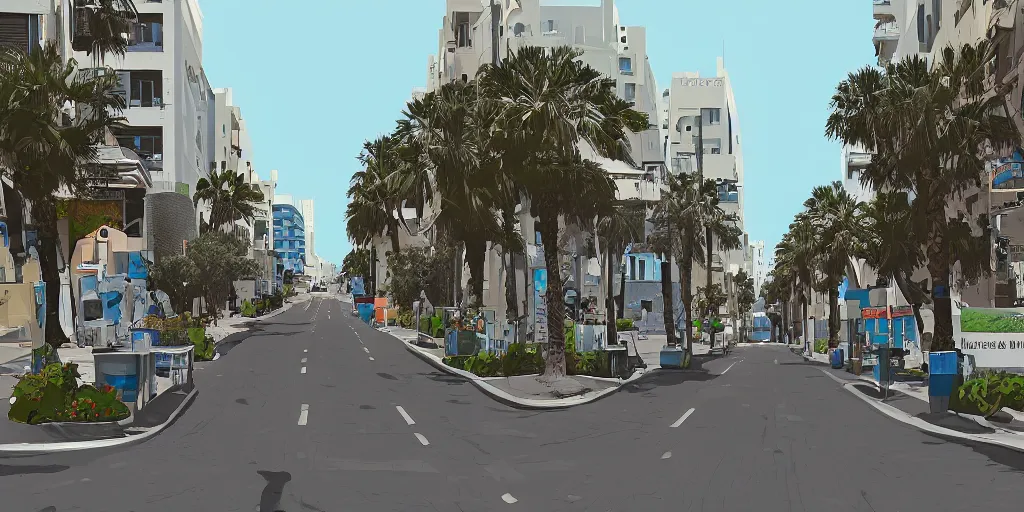 Prompt: tel aviv street from low level. optimistic. digital art. vector watercolor. highly detailed. realistic. gta v