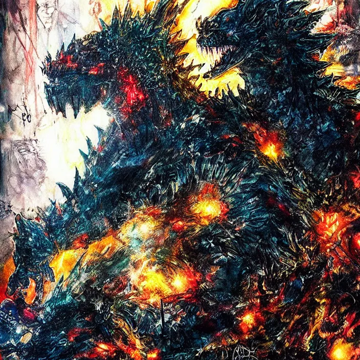 Image similar to godzilla _ painting, glowing lights by greg ruthowski yoshikata amano _ yoji _ shinkawa _ alphonse _ murac _ collaborative _ artwork _ beautifully _ drawn