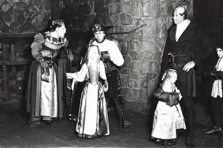 Image similar to an very old photo of monster staring at a gentleman at the medieval times