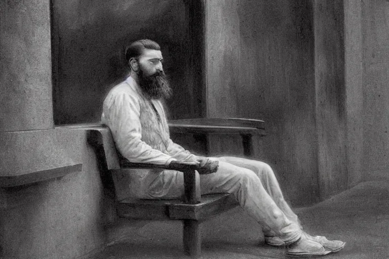 Prompt: portrait of a bearded young man sitting alone on a bench in a subway station, glowing with silver light, color by Franz Marc, highly detailed architecture by Jean-Léon Gérôme, by Winsor McCay, today's featured photograph, 16K