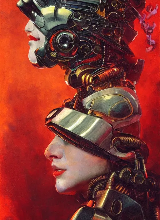 Prompt: ( symmetry ) closeup portrait of a stunning armored cyborg female pirate captain, strong cinematic light, backlight glow, red yellow, viscous smoke, vapour, mist, by gerald brom, by mikhail vrubel, by peter elson, muted colors, extreme detail, trending on artstation, 8 k