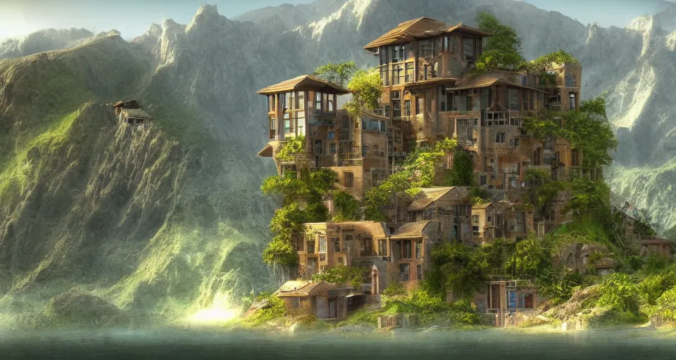 Prompt: a building in a stunning landscape, solarpunk