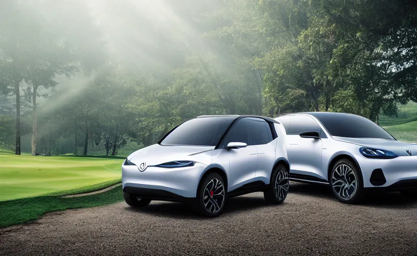 Image similar to the electric suv honma will release soon, outdoor product photography on a golf course, fog, very besautiful ambient light, sun rays behind the lake