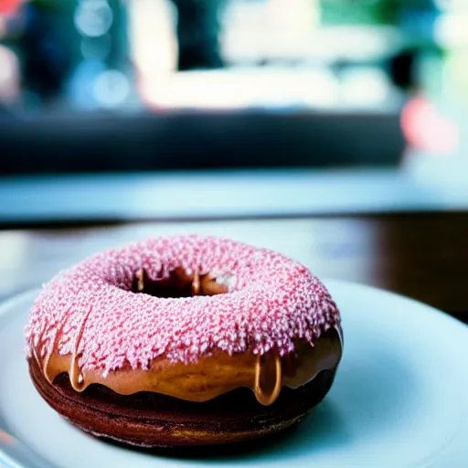 Prompt: a donut, chocolate frosting, on a plate in a busy diner, very low wide angle, in the background the diner, cinestill 800