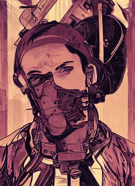 Prompt: cyberpunk self defense instructor. portrait by ashley wood and alphonse mucha and laurie greasley and josan gonzalez and james gurney. spliner cell, apex legends, rb 6 s, hl 2, d & d, cyberpunk 2 0 7 7. realistic face. character clothing. vivid color. dystopian setting.