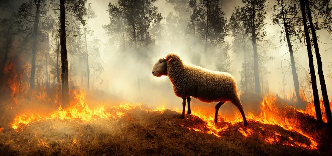 Prompt: full body portrait of sheep running from a forest fire, smoke, flames, dark, gloomy, horror, screaming, insanely detailed, photorealistic, cinematic, dramatic lighting,