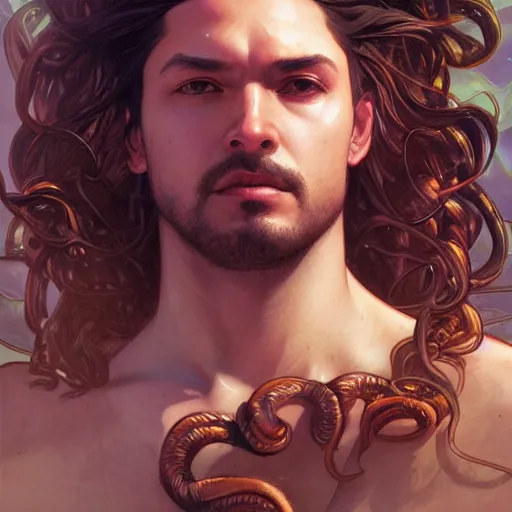 Image similar to male medusa, highly detailed, digital painting, artstation, concept art, smooth, sharp focus, illustration, art by artgerm and greg rutkowski and alphonse mucha