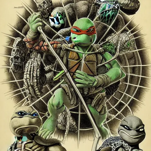 Prompt: teenage mutant ninja turtle anatomy by ernst haeckel, masterpiece, vivid, very detailed