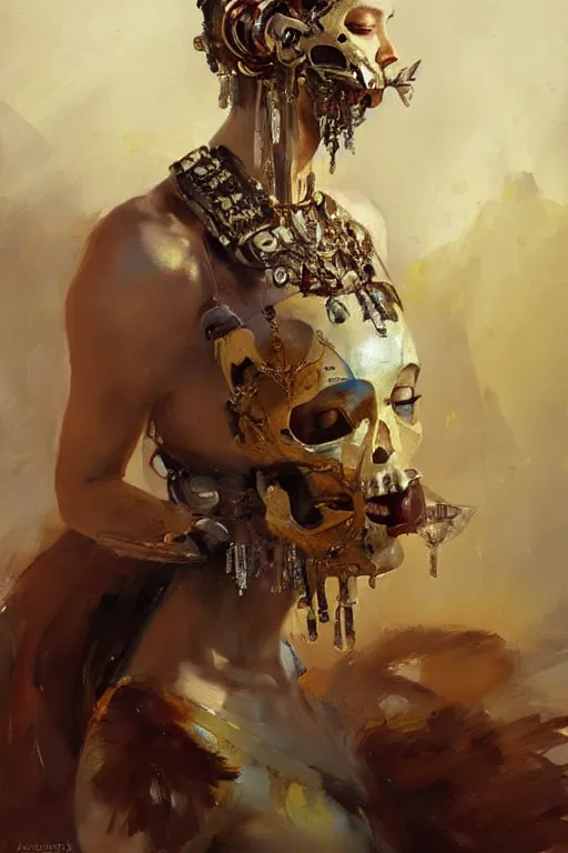 Prompt: beautiful expressive oil painting portrait of ancient cyborg god queen with a jeweled skull mask ascending wearing a neo japan crown, art by anders zorn, wonderful masterpiece by greg rutkowski, beautiful cinematic light, american romanticism by greg manchess, jessica rossier