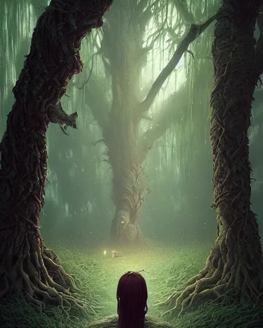 Image similar to highly detailed surreal vfx portrait of a cursed monster in a shadowy forest by a willow tree, stephen bliss, unreal engine, greg rutkowski, loish, rhads, beeple, makoto shinkai and lois van baarle, ilya kuvshinov, rossdraws, tom bagshaw, alphonse mucha, global illumination, detailed and intricate environment