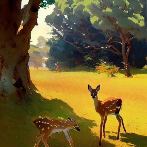 Prompt: baby deer, by studio ghibli painting, by joaquin sorolla rhads leyendecker, an aesthetically pleasing, dynamic, energetic, lively, well - designed digital art, by ohara koson and thomas kinkade, traditional japanese colors, superior quality, masterpiece