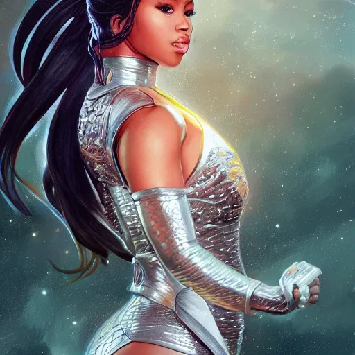 Image similar to full figure ultra realistic illustration, nicki minaj as donna troy, intricate, elegant, highly detailed, digital painting, artstation, concept art, smooth, sharp focus, illustration, art by artgerm and greg rutkowski and alphonse mucha