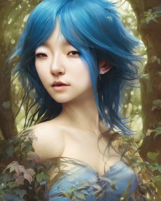 Image similar to stunningly beautiful female blue hair, cute korean actress, dj sura, fantasy art, fae priestess, lush dark forest landscape, fireflys at night, sharp focus, digital painting, 8 k, concept art, art by wlop, artgerm, greg rutkowski and alphonse mucha