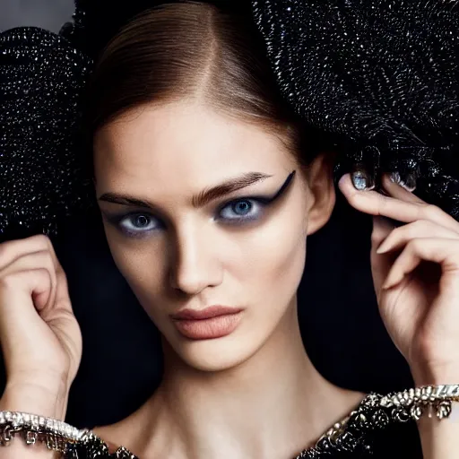 Prompt: close up of face of a fashion model in luxury dress, black background, official valentino editorial, highly detailed