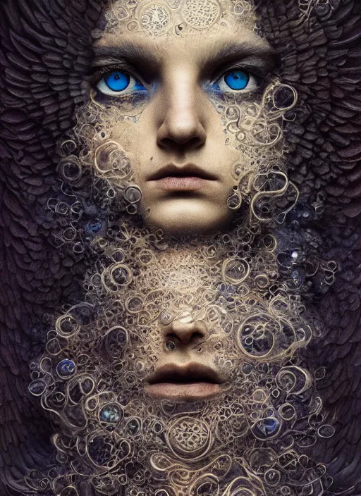 Image similar to Her huge ominous glowing blue eyes staring into my soul , perfect eyes, intricate stunning highly detailed, agostino arrivabene, Tomasz strzalkowski, twisted dark lucid dream, 8k portrait render, raven angel wings, swirling thick smoke , beautiful lighting, dark fantasy art, cgsociety