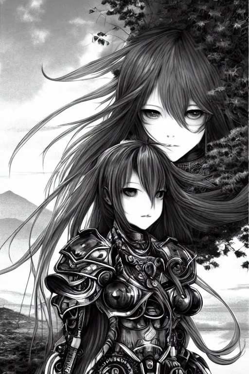 Image similar to a vertical portrait of a character in a scenic environment by Yoshitaka Amano, black and white, dreamy, cybernetic plate armor, wavy long black hair, highly detailed