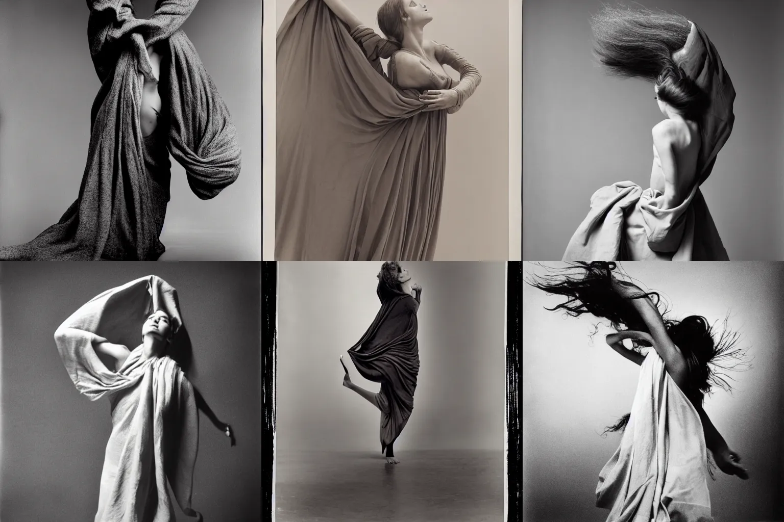 Prompt: a photograph by Irving Penn of a young woman covered in drapery flowing in the wind with movement and high contrast