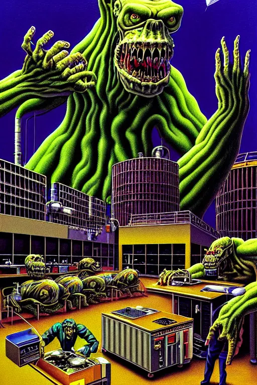 Prompt: a hyperrealistic detailed painting of a emergency chaos at the nuclear power plant, radioactive radiation monster eating the laboratory by chris cunningham and richard corben, highly detailed, vivid color,